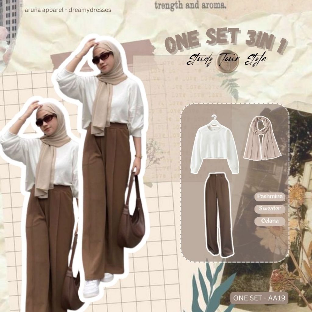 3in 1 One Set Wanita Kekinian Setelan Anak Perempuan Korean Style One Set Hijab OOTD One Set - AA19