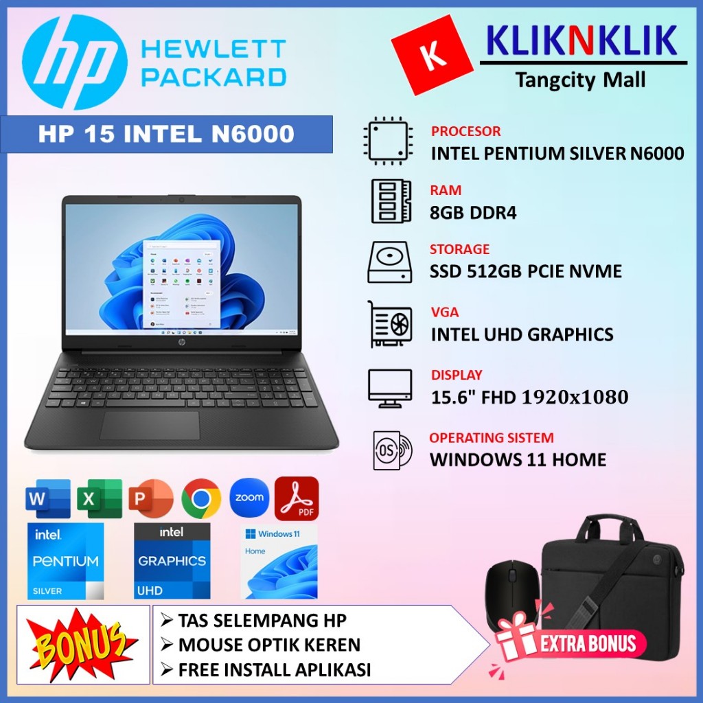 Laptop Kantor dan Sekolah HP 15 Intel Pentium N6000 8GB 512GB SSD 15inch FHD Windows11 Black