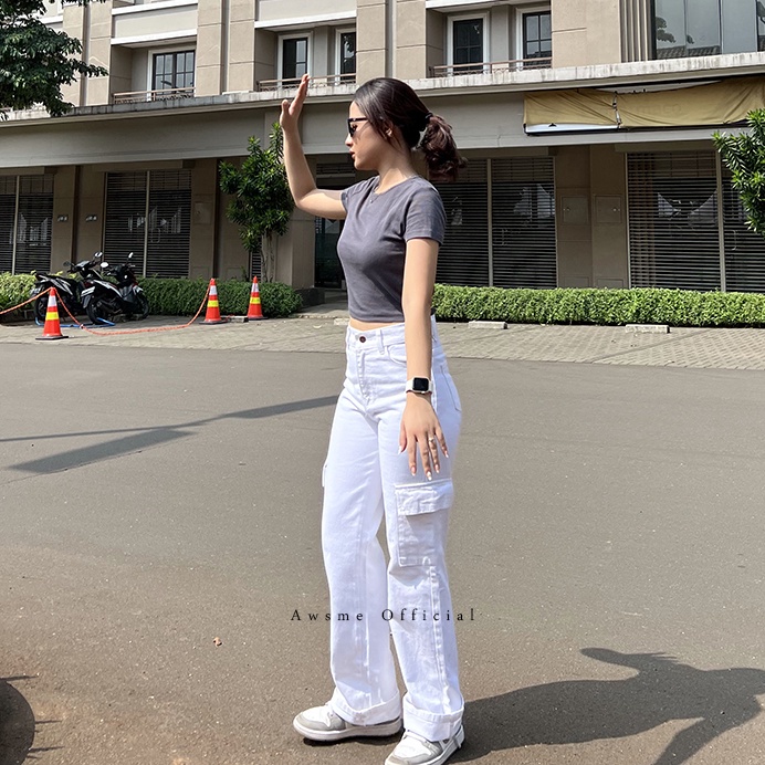 Langsung Order.. HW CARGO LOOSE JEANS WHITE / JEANS CARGO WANITA KEKINIAN WARNA PUTIH / CELANA PANJA