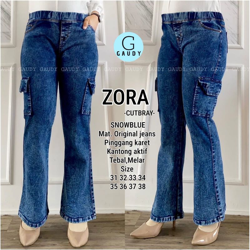 zora gaudy - celana cutbray cargo jeans wanita highwaist ukuran 31-38