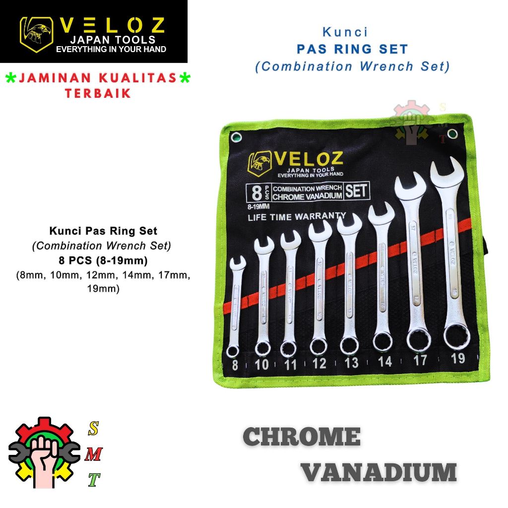 Kunci Pas Ring Set 8 Pcs (8mm-19mm) Veloz Chrome Vanadium steel SUNMURAH TEKNIK Surabaya