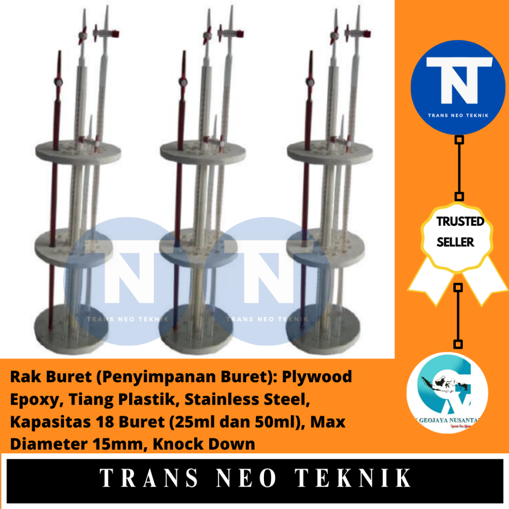 Rak Buret (Penyimpanan Buret): Plywood Epoxy, Tiang Plastik, Stainless Steel, Kapasitas 18 Buret (25