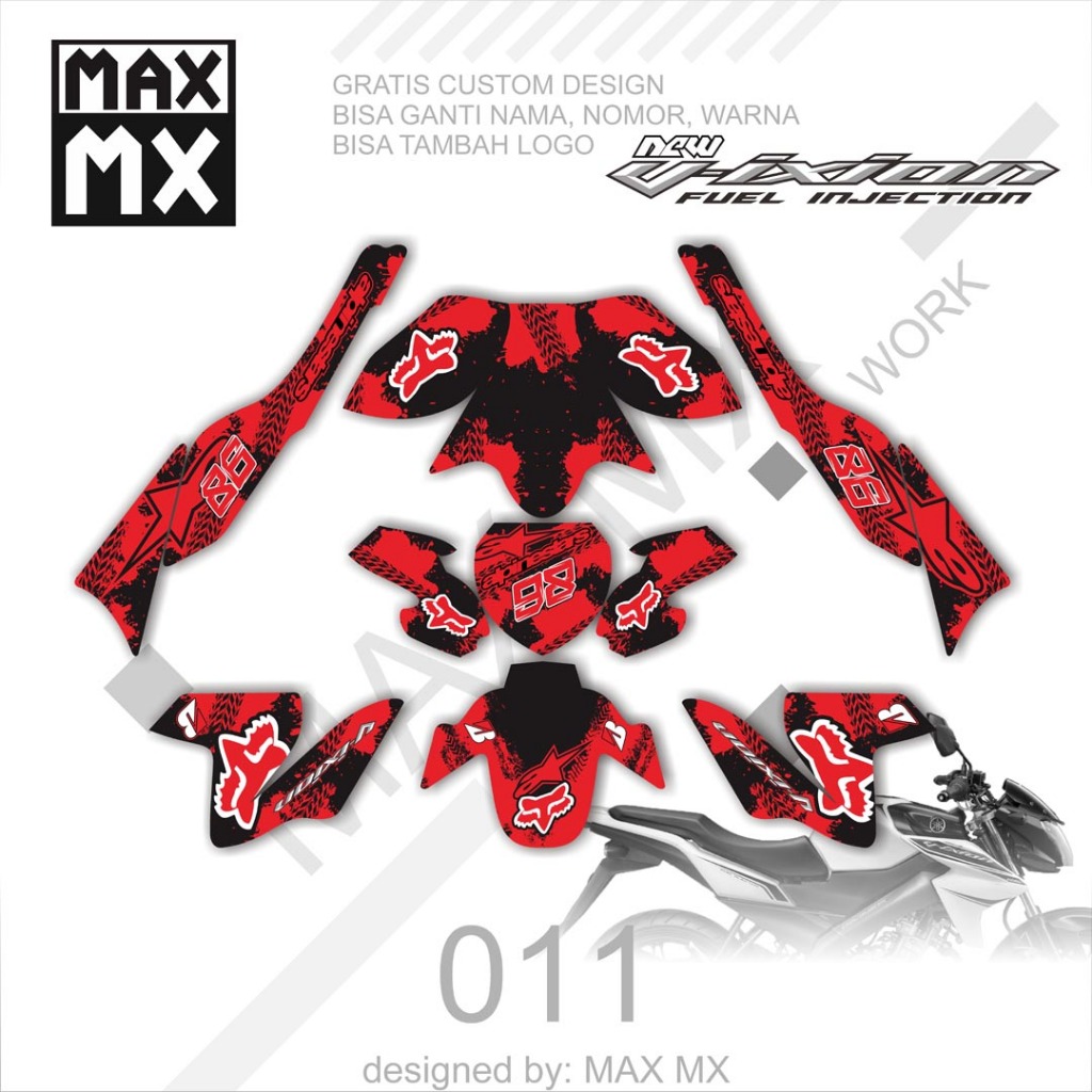dekal variasi sticker fullbody striping decal VIXION NVL motif warna merah hitam keren D-D2-011