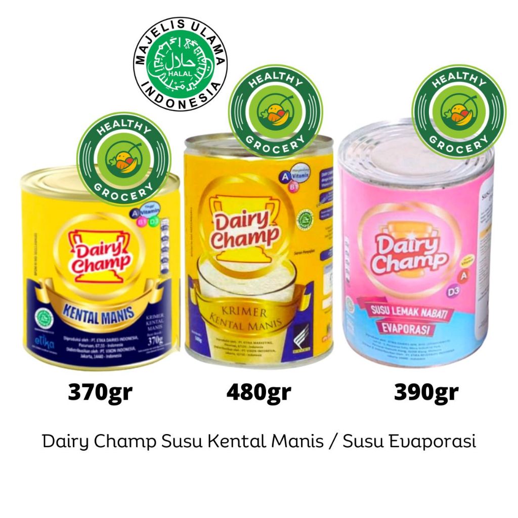 

Dairy Champ Susu Kental Manis 370gr / 480gr / Susu Lemak Nabati Evaporasi 390gr Kaleng