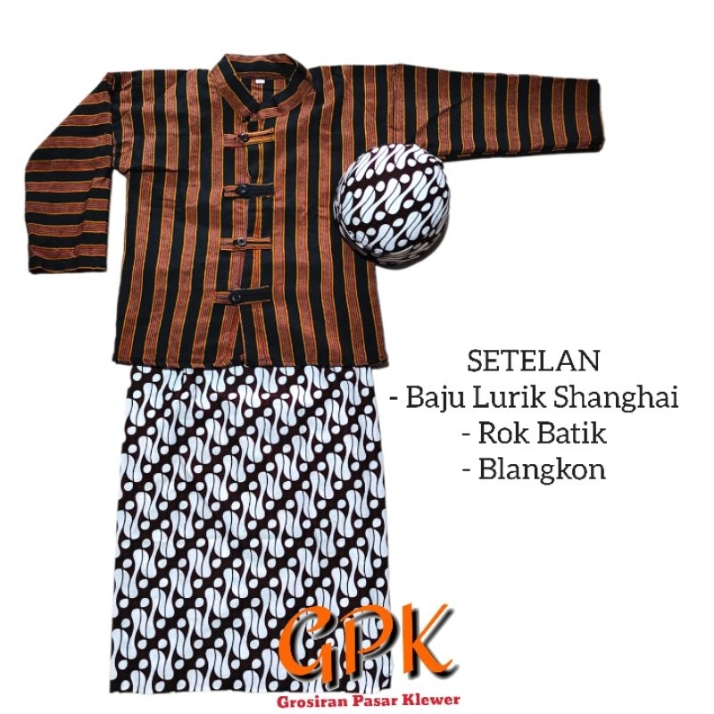 SETELAN BAJU Lurik Sanghai Anak + Rok Batik +  BLANGKON Putih