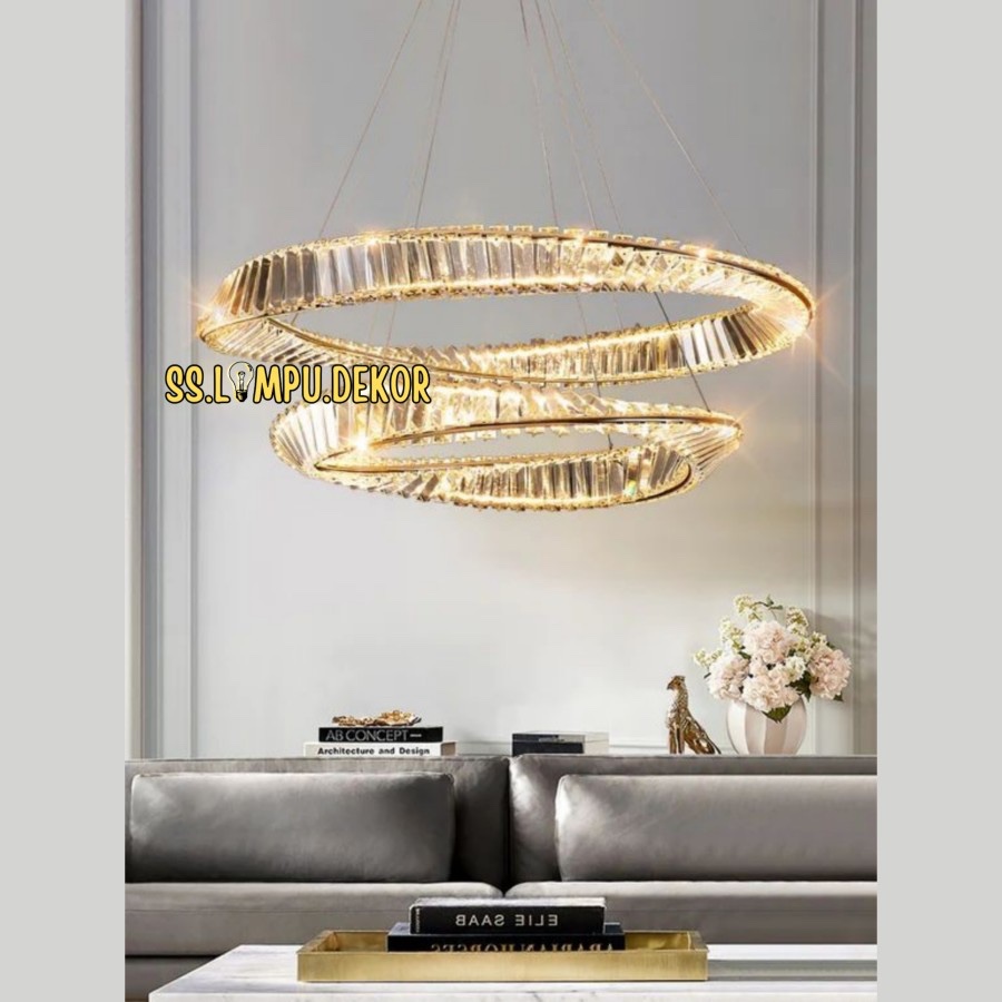 Lampu Gantung LED Ring Kristal Wave 2 Ring mewah Gold Hias Void