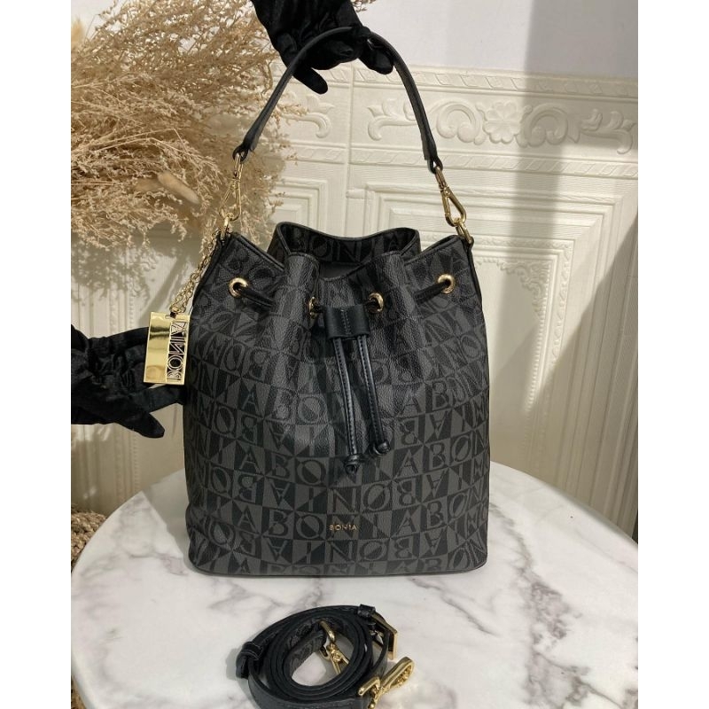 tas serut bonia original bucket bag monogram hitam M