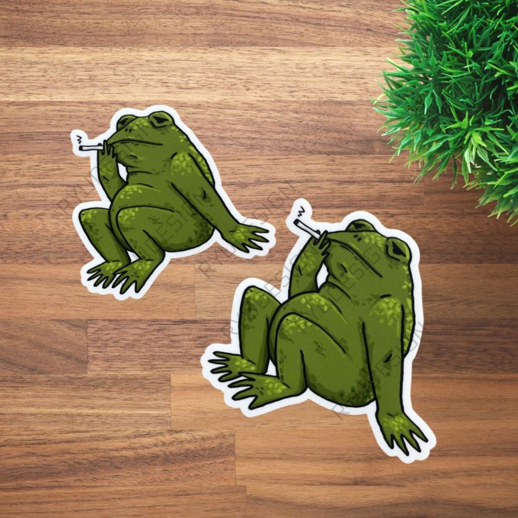 

Sticker Kodok Katak Duduk Sebat Santai Satuan Merokok Besar