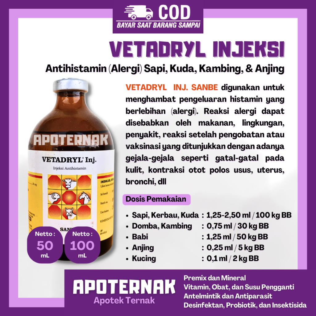 VETADRYL 50ml Vetadryl 100ml - Antihistamin Obat gatal dan Obat Alergi Makanan Lingkungan untuk Sapi