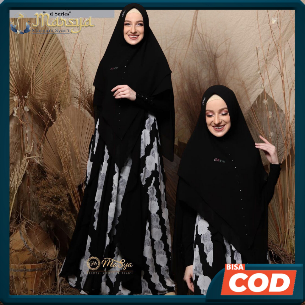Set Gamis Dress Ceruty Babydoll Syari Branded Prinitng Black White - Hitam Putih - Abu Mewah Masya S
