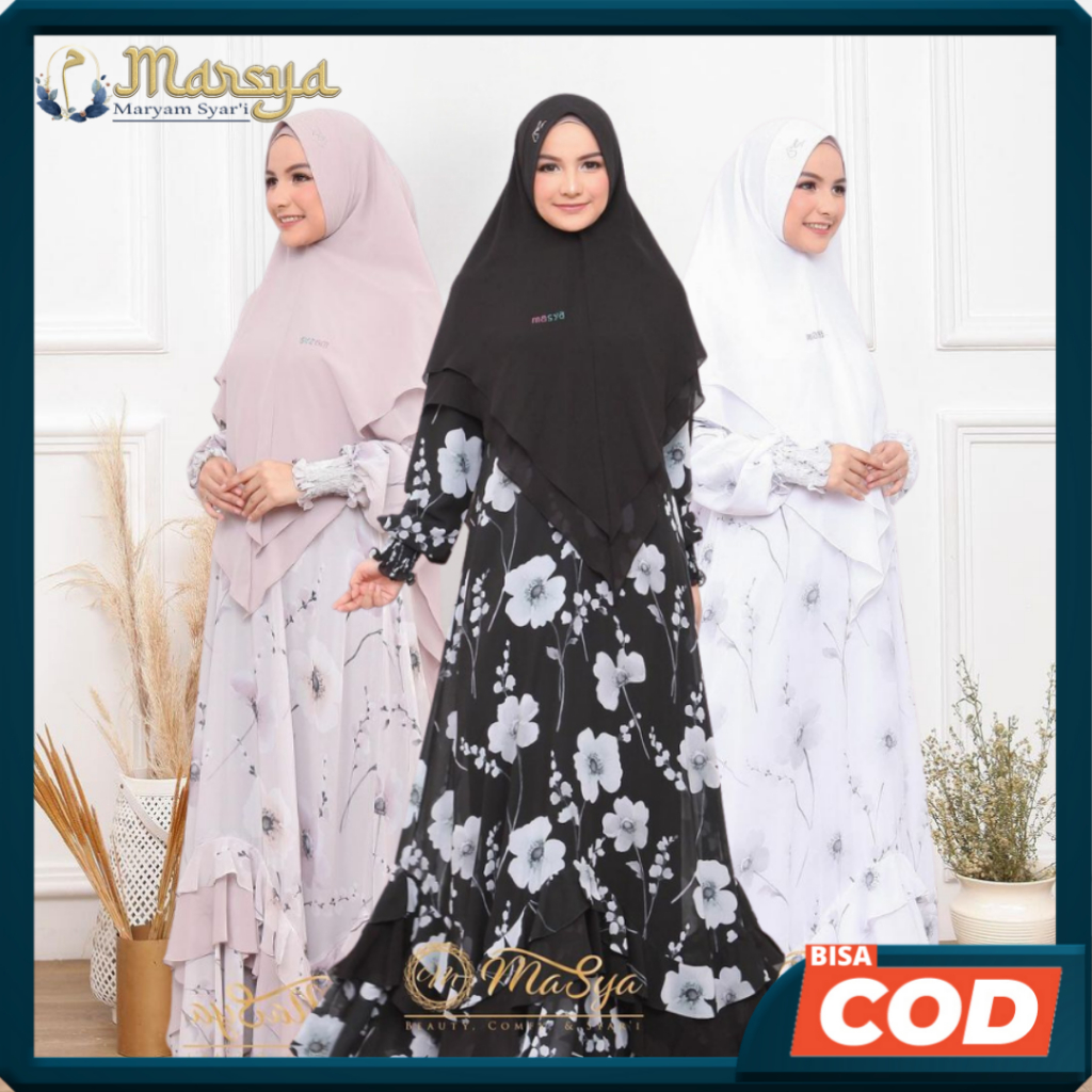 Set Gamis Dress Ceruty Babydoll Syari Branded Prinitng Cream - Black - White Mewah Masya Syari Origi