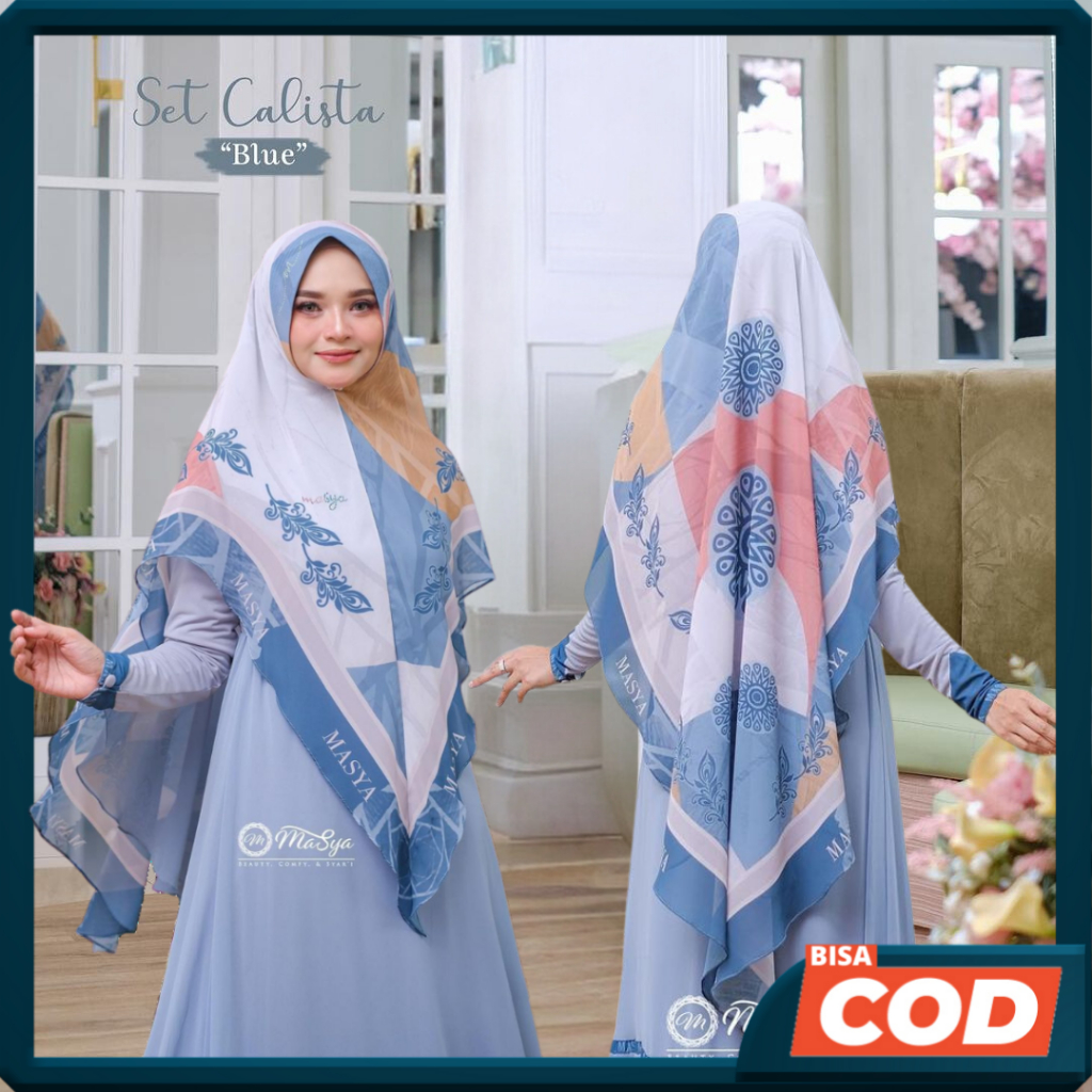 Jilbab Hijab Khimar Ceruty Ceruti Babydoll Biru Muda - Blue 2 Layer Motif Printing Premium Masya Syari Original