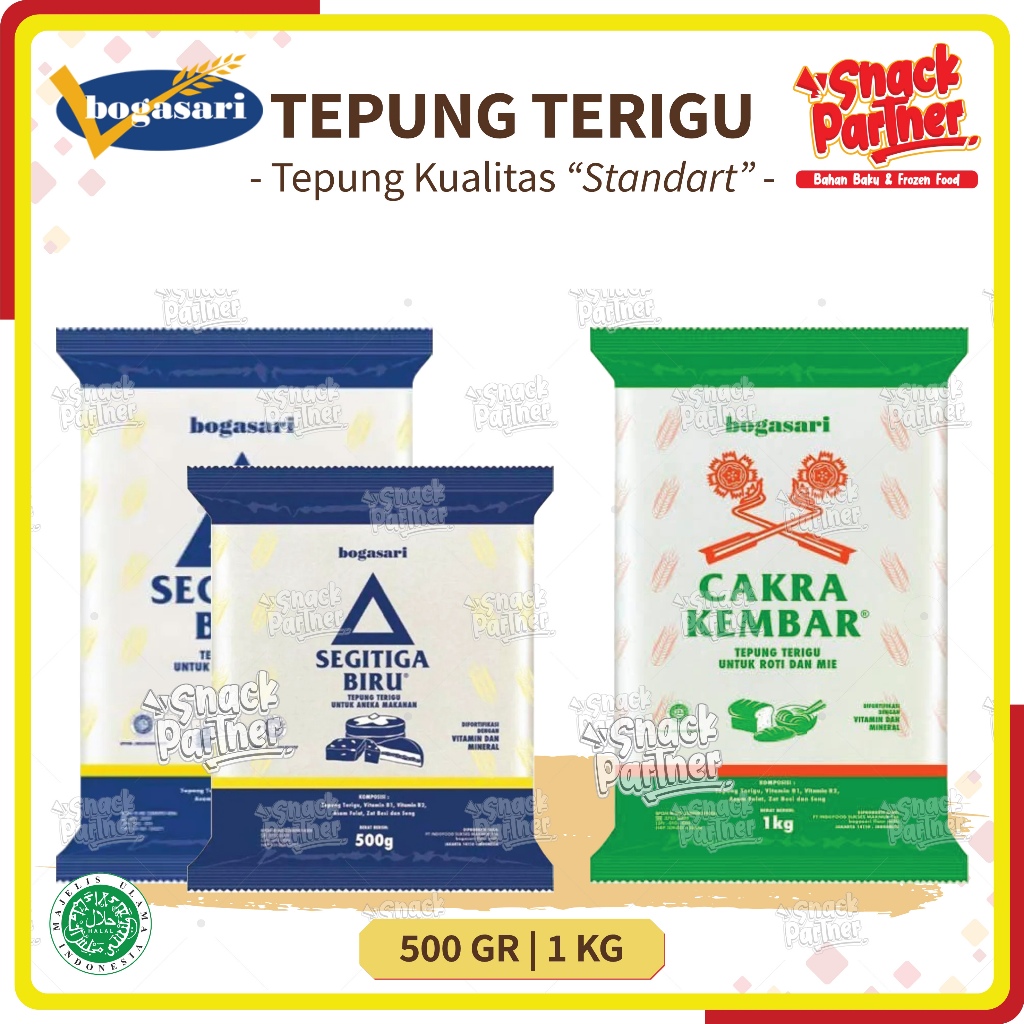 

BOGASARI TEPUNG TERIGU 1 KG / 500 GR - Segitiga Biru Cakra Kembar Protein Sedang Tinggi Standart 500GR 1KG