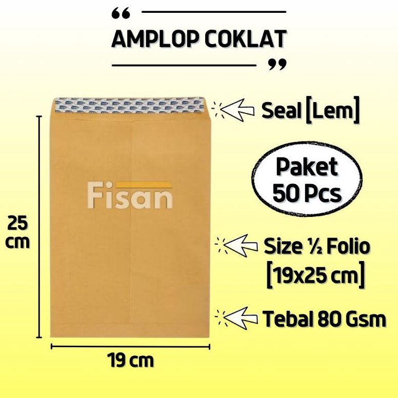 

ern.. 50 Pcs Amplop Coklat Polos 1/2 Folio Seal Lem SQY