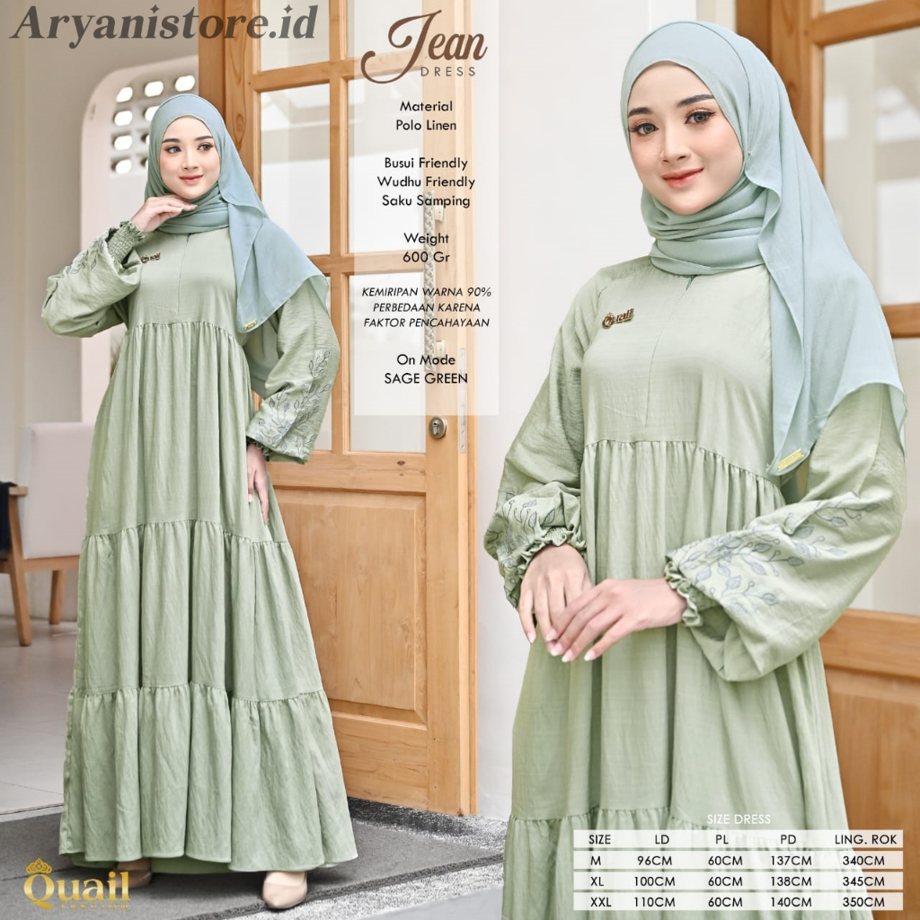 Jean Dress Gamis Wanita Original Quail Fashion Material Polo Linen Premium Busui Wudhu Friendly Syar