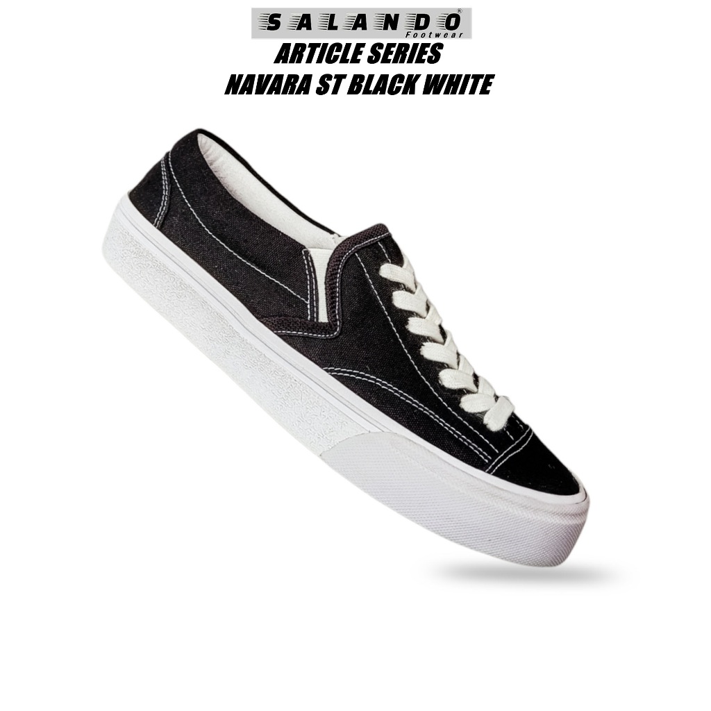 SALANDO Sepatu Sneakers Casual Sepatu Slip on Canvas Vulcanized Navara ST Black White