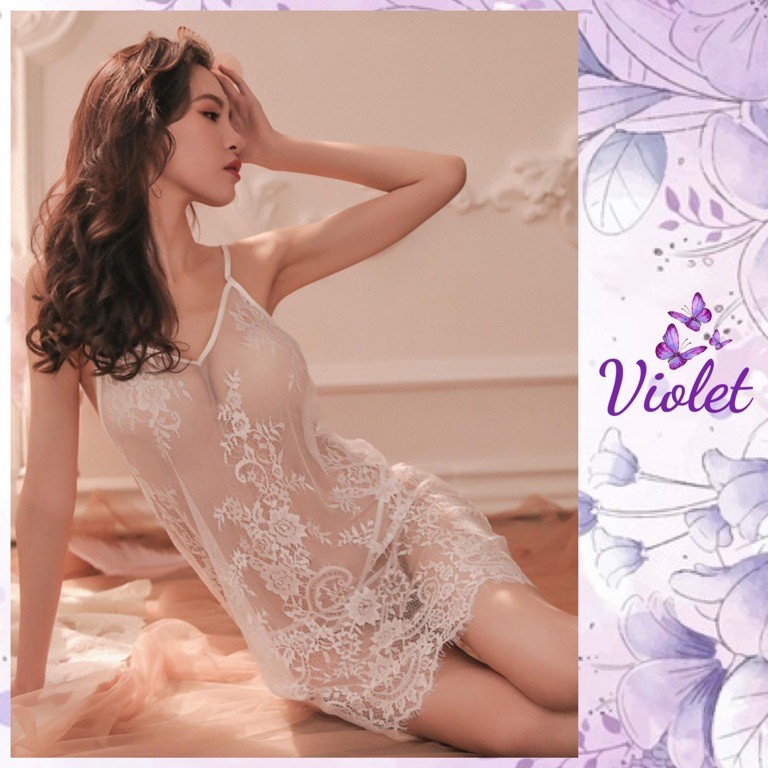 Murah.. Violet Lingerie Seksi Transparan Baju Tidur Musim Panas Tipis Renda Bunga 1090