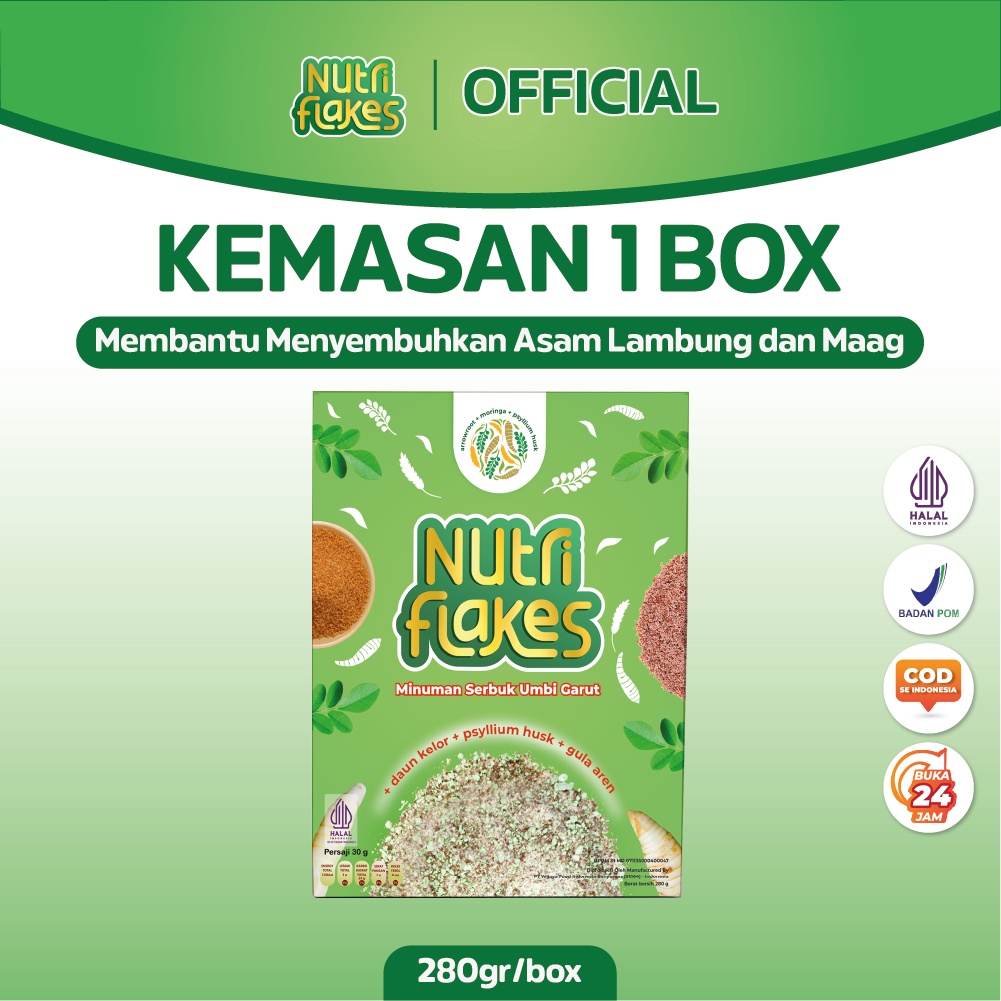 

Import Terlaris Nutriflakes Sereal Umbi Garut Solusi Asam Lambung 1 Box gas !!
