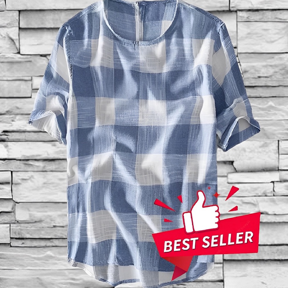 Koko Pria Kotak-kotak Lengan Pendek Koko Pria Over Size Kekinian Baju Muslim Koko Katun Pria S M L X