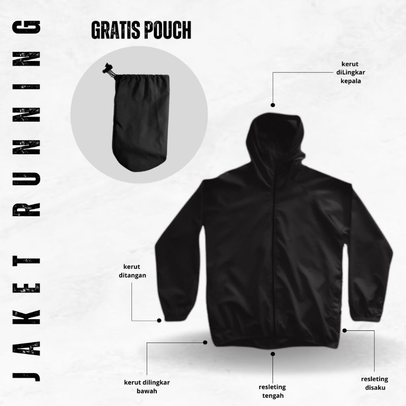 Jaket Parasut hitam Sport Olahraga Waterproof polos Pria Wanita Jaket olahraga joging lari sepeda