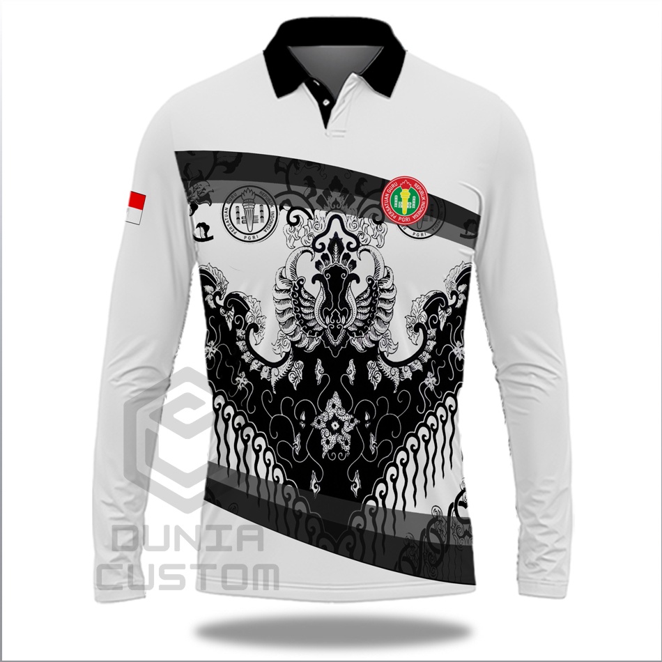 Sikat Sekarang Kaos Baju Polo Pria Motif Batik PGRI Lengan Panjang Fullprint