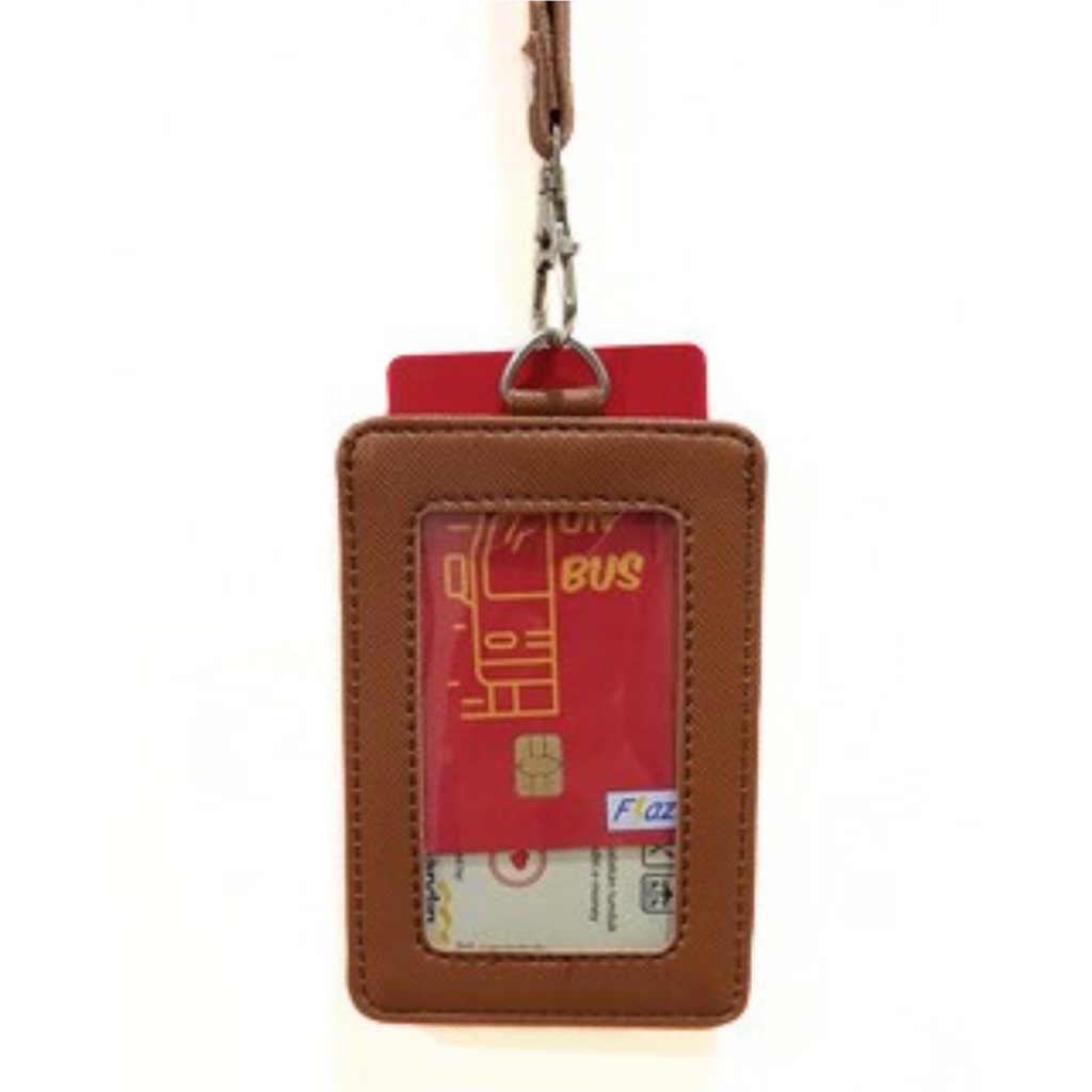 

Name Tag Flashee Mika Warna Coklat Muda ID Card Holder Plastik Lanyard Kulit Dua Sisi Transparan