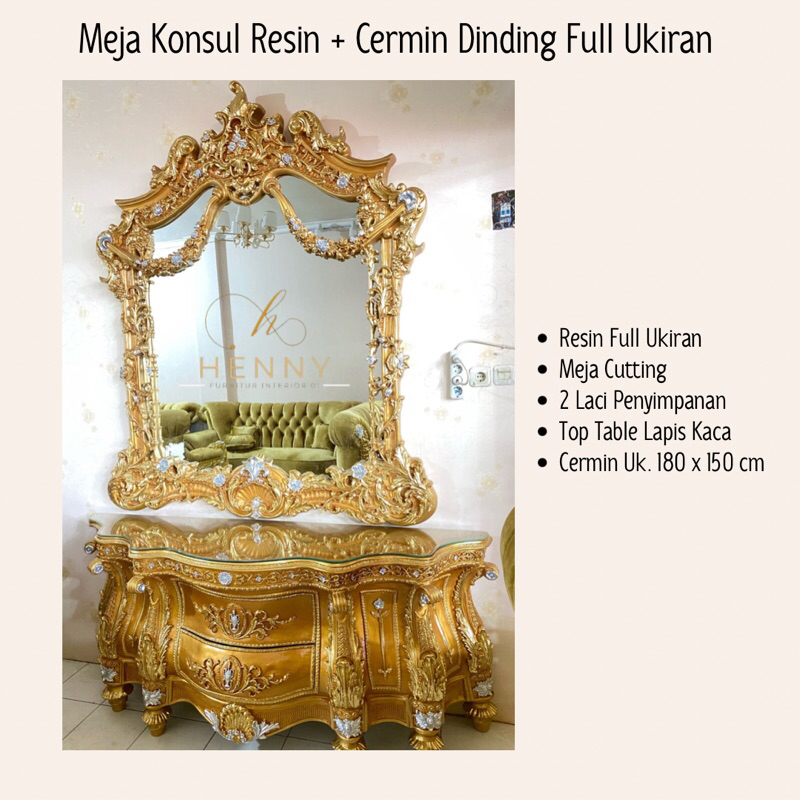 Henny Furniture Meja Konsul Resin + Cermin Dinding Full Ukuran Gold