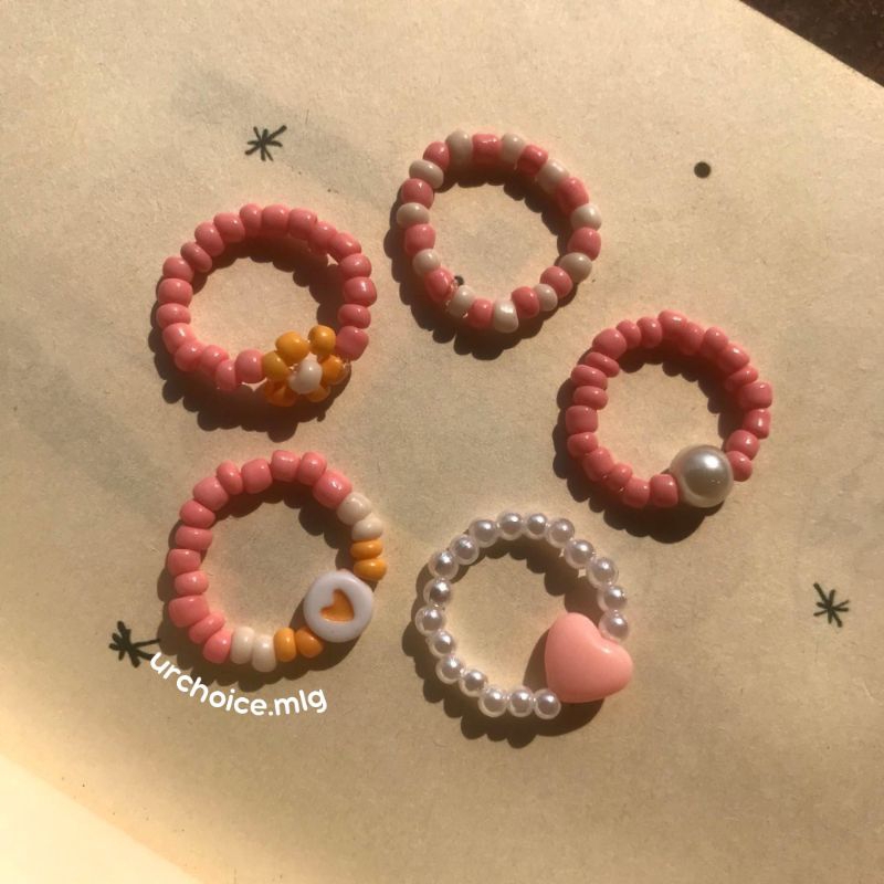 Bead Rings Set Aesthetic Cincin Manik Manik Set 5pcs Aesthetic Peach Series