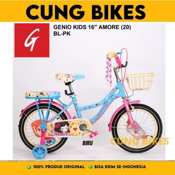 Sepeda Mini Anak Perempuan Genio Amore ukuran 16 18 Inch Keranjang dan Boncengan