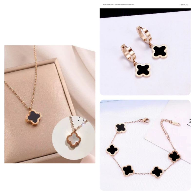 SET PERHIASAN WANITA TITANIUM ASLI BUNGA CLOVER ROSE GOLD / PAKET LENGKAP AKSESORIES WANITA