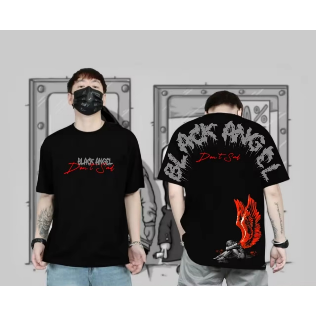 Kaos Distro pria Kaos Motif Black Angel Hitam Baju Kaos Lengan Pendek Keren Kaos Kata Kata Viral Ata