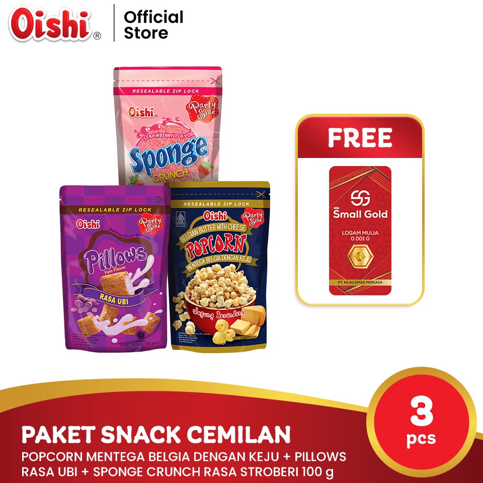 

SE51 Oishi Paket Snack Cemilan [100 gr x 3 pcs] FREE Mini Gold - Makanan Ringan Popcorn Mentega Belgia Keju + Pillows Ubi + Sponge Stroberi Promo ノ♪