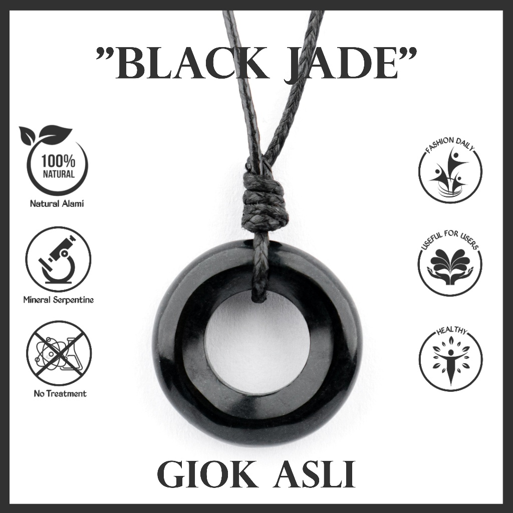 Kalung Liontin Giok Hitam Batu Natural Black Jade Asli Pendant Ring