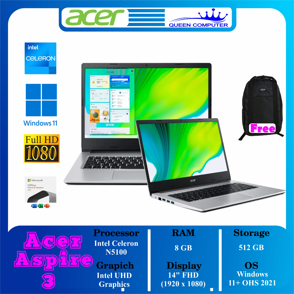 Laptop ACER Aspire 3 A314 Intel Celeron N5100 RAM 8GB SSD 512GB 14" W11+OHS