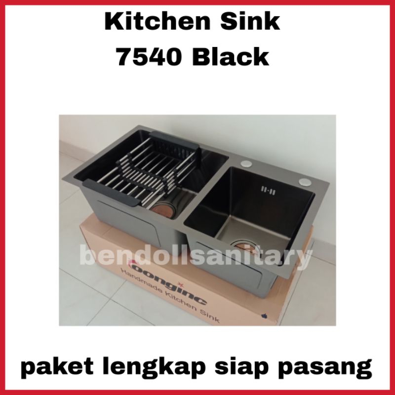 Kitchen Sink 2 Lubang Minimalis 7540 Black/Stainless Sus 304/2 Bowl Paket Lengkap