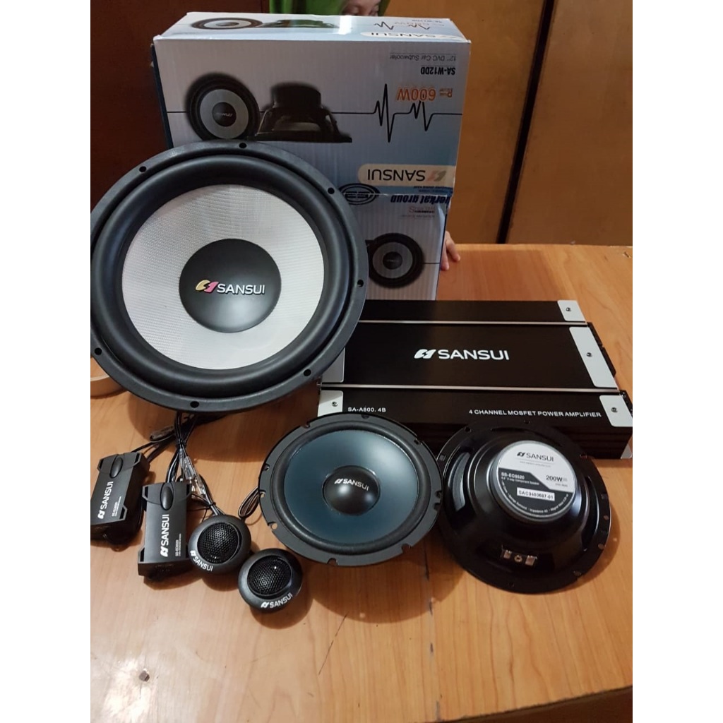 Paket Audio Mobil Full Set SANSUI Subwoofer Power Speaker Split 2-Way
