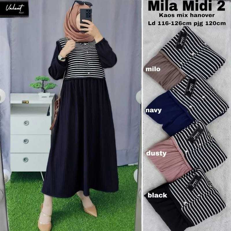 Mila Midi Dress Bahan Kaos Mix Hanover LD 110-115cm PJ 120cm Kancing aktif  Hijab fashion
