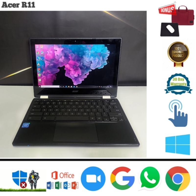 Laptop Acer R11 Intel N3060 Ram 4gb SSD 128+32gb Win 10 pro 64 bit Touchscreen Flip - Siap pakai
