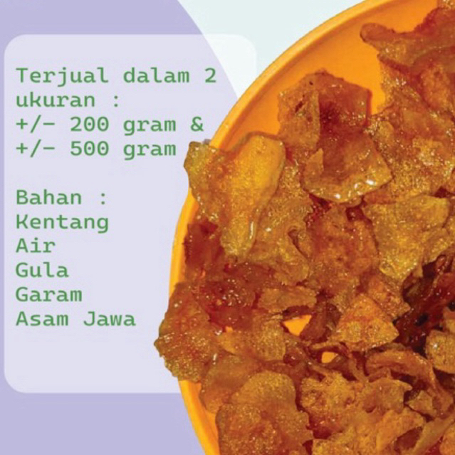 

KRIPIK KENTANG MANIS DALAM KEMASAN !! MAKNYUSSS!!!, Tersedia dalam ukuran 200 gram dan 500 gram