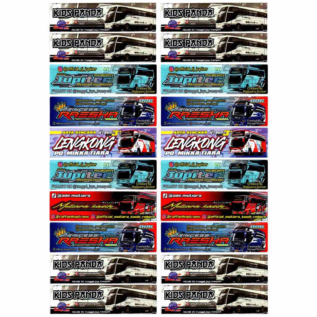

Stiker Terbaru Nama Bus Basuri Telolet Viral Kids Panda/Black Pink/Mooneyes/Tuan Muda/Saturn/Neptune/Armagedon/Bentas/Faeyza/SpaceX/Jupiter Lembaran Ukuran A4 Lanskap Glossy Kuat Mengkilap Tahan Air Termurah
