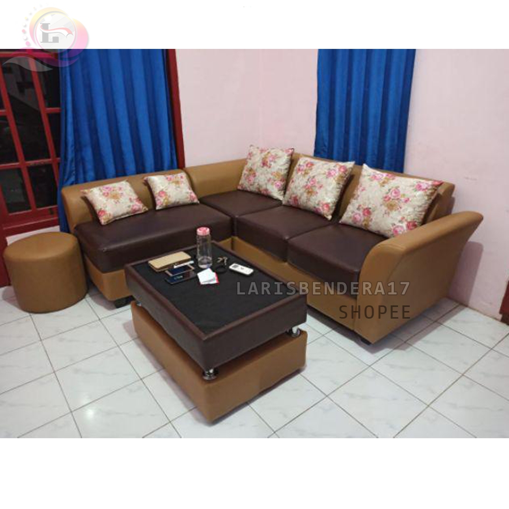 Sofa L Minang + Meja + 1 Stool | Grey CREAM | Bogor Jakarta Depok Bekasi