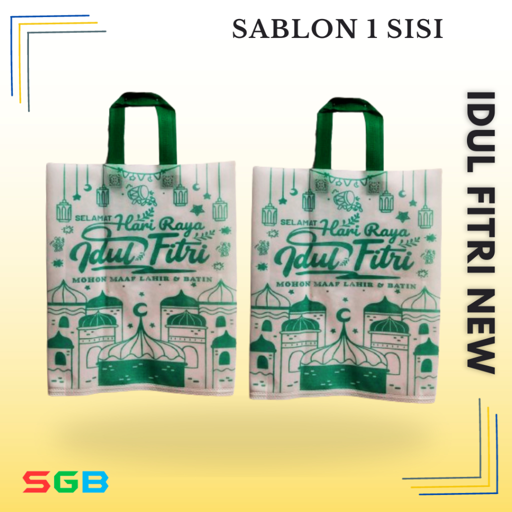 

1 LUSIN ( 12pc ) Goodie Bag Handle ( HLS ) Edisi Idul Fitri UK 38x45x8 NEW & BULAN BINTANG (BULBIN) DESIGN 1 SISI - Spunbond Lebaran