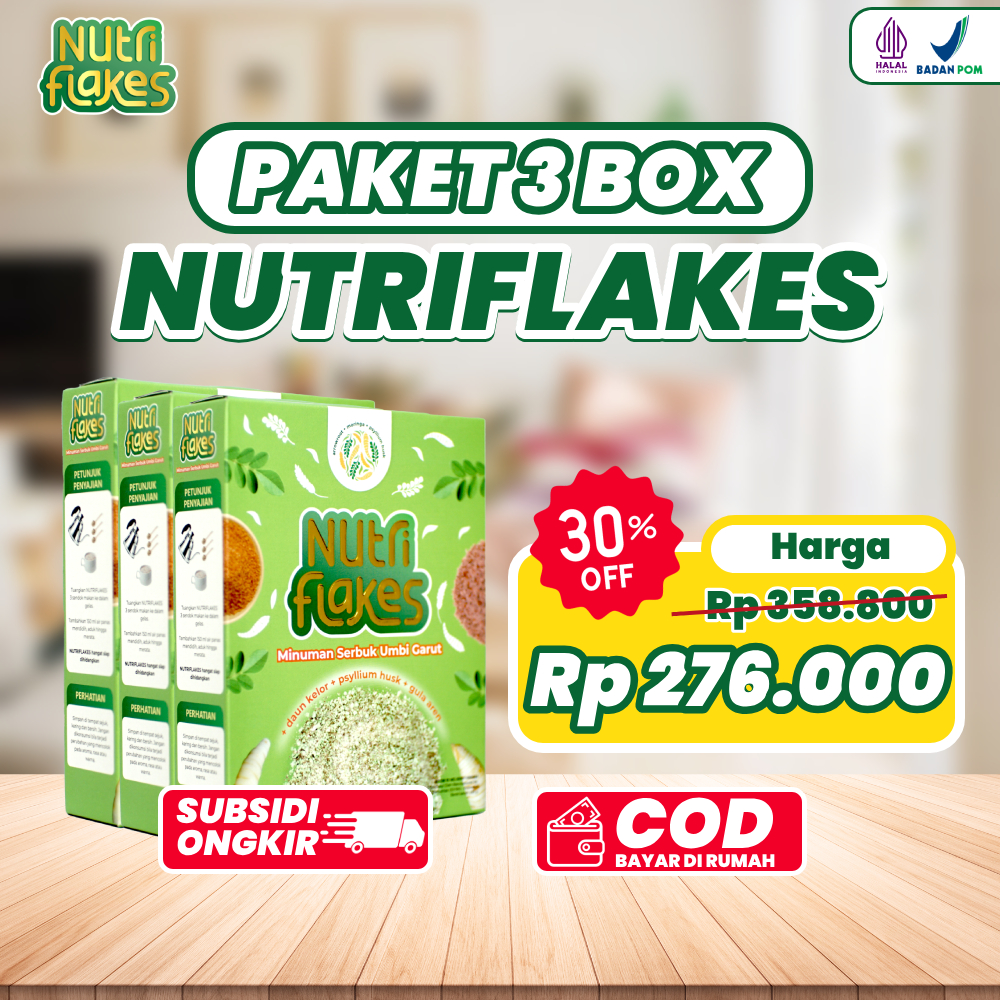 

NUTRIFLAKES PAKET 3 BOX ORIGINAL SEREAL UMBI GARUT AMPUH ATASI ASAM LAMBUNG GERD MAAG AKUT KRONIS HALAL BPOM COD GRATIS ONGKIR