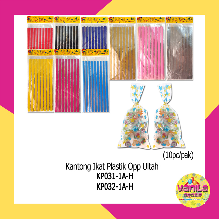 

(Isi 10Pcs Uk M) Kantong Ikat Plastik Opp Ultah Motif Garis, plastik snack ultah, kantong souvenir, tas plastik kado ultah