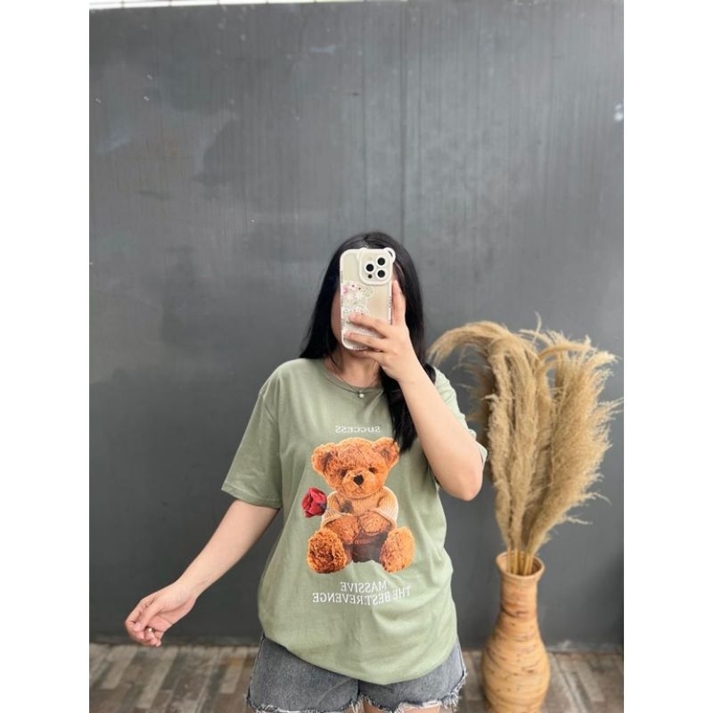 KAOS WANITA BEAR MAWAR | BAJU TEE SHIRT OVERSIZE DUSTY ROSE BLUE