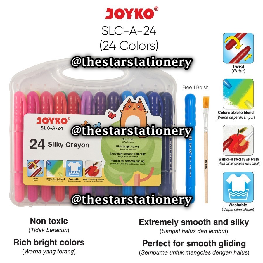 

(1 Set isi 24 Warna) GROSIR Silky Crayon Joyko SLC-A-24 24 Warna / Krayon Halus Joyko SLCA24