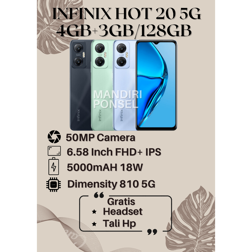 INFINIX HOT 20 5G RAM 7GB (4+3 EXTEND/128GB) GRATIS HEADSET dan TALI HP