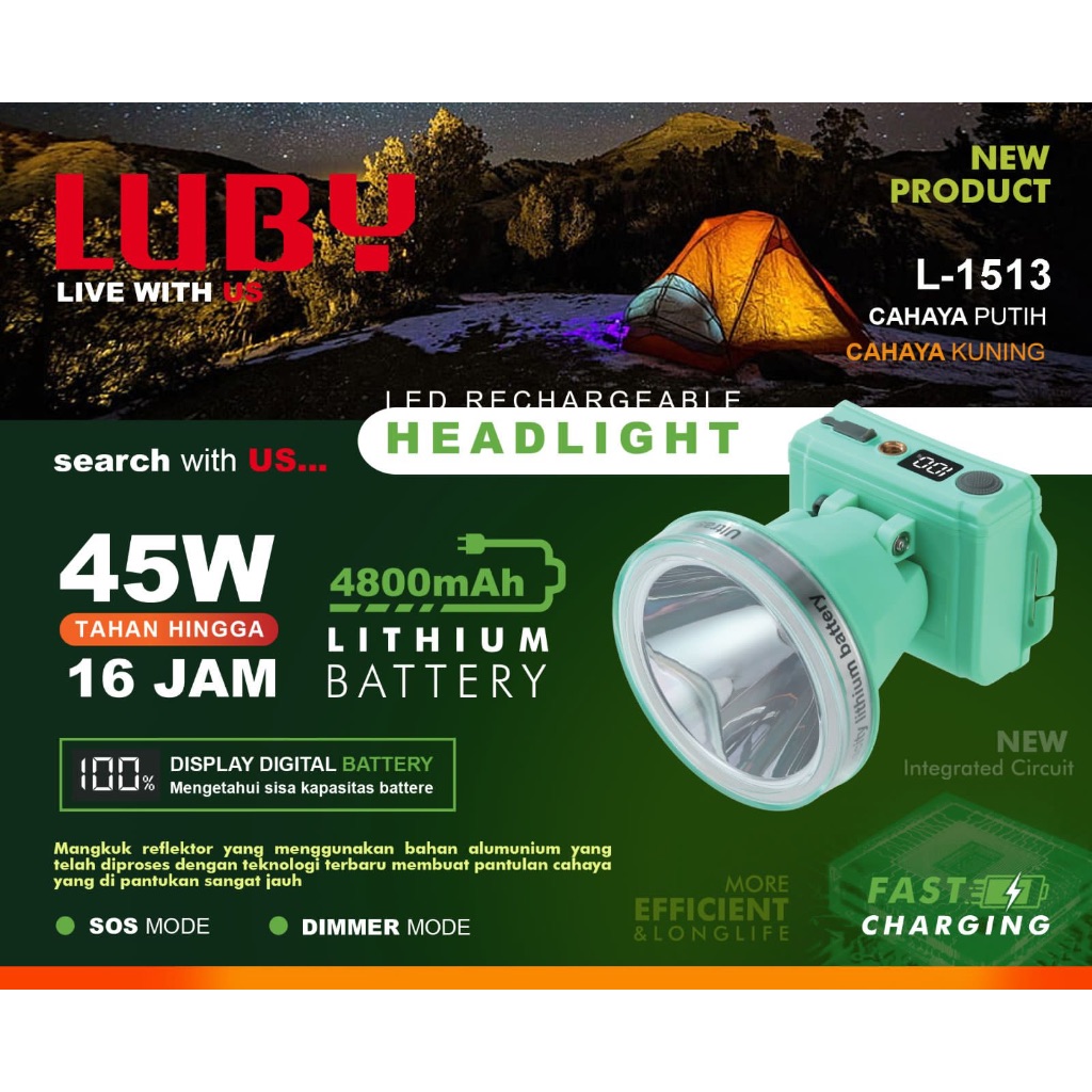 LUBY Senter Kepala 45W L-1513 45 Watt 4800mAh + Lampu Indikator Cahaya putih atau kuning