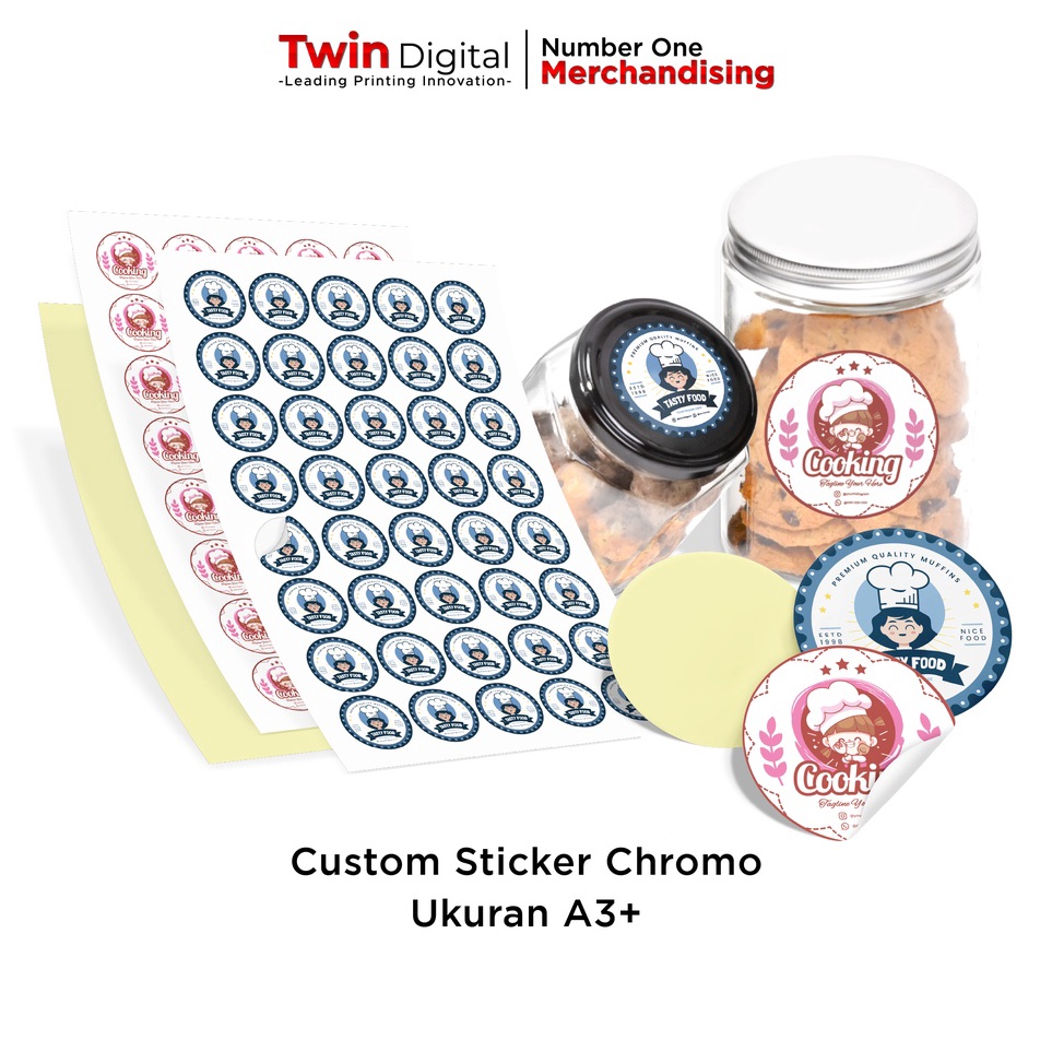 

Twindigital Cetak Sticker Label Chromo A3+ Kemasan Brand Logo Produk Olshop Makanan Ekonomis - Custom Stiker Label Chromo