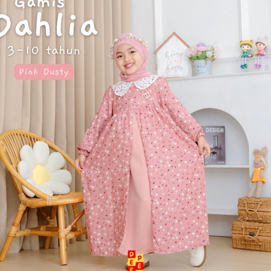 gamis Dahlia, long dress anak muslim perempuan 3 4 5 6 7 8 9 10 tahun warna pink biru hijau ungu bah
